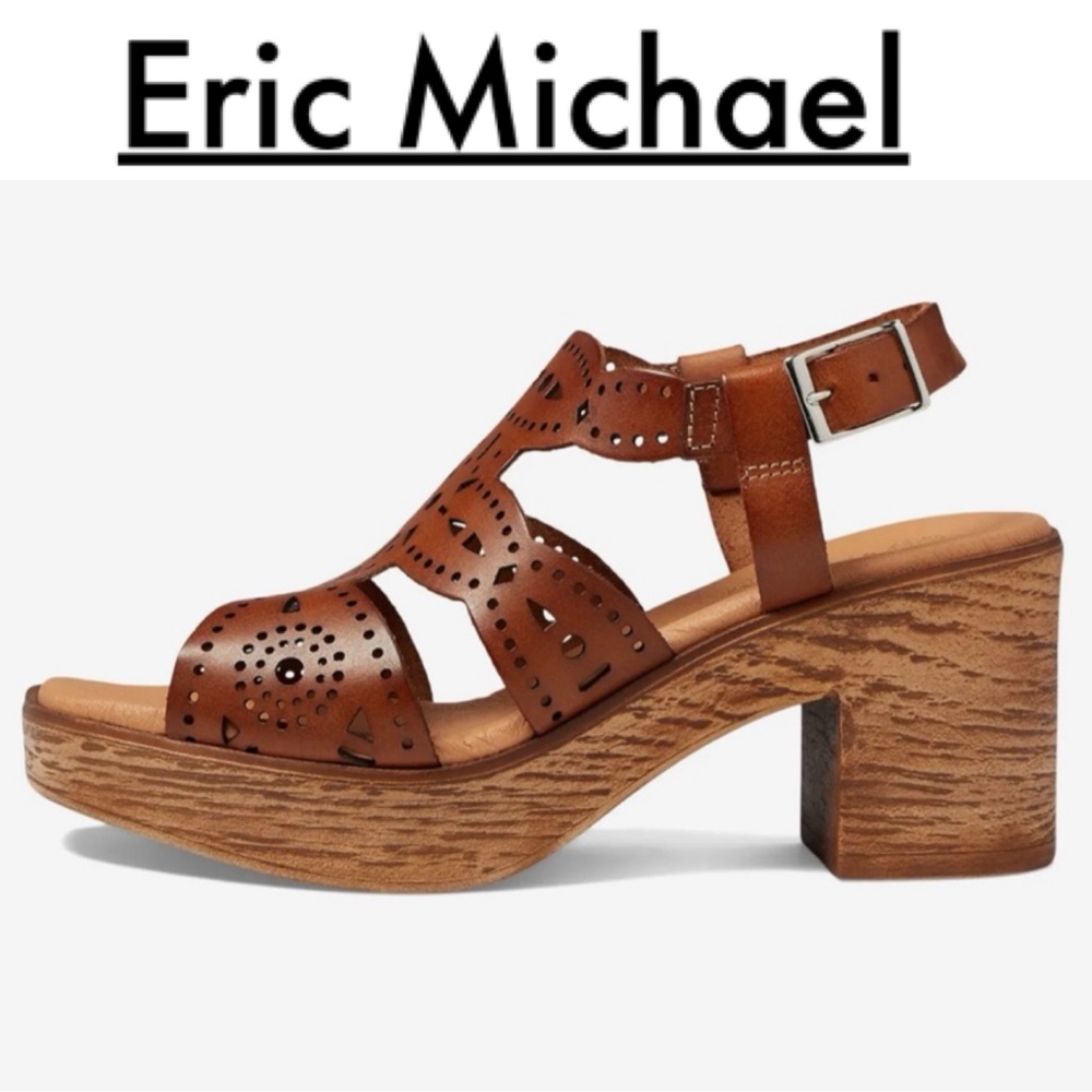 ERIC MICHAEL WHITNEY LEATHER CUTOUT BLOCK HEELED PLATFORM SANDALS **NIB**